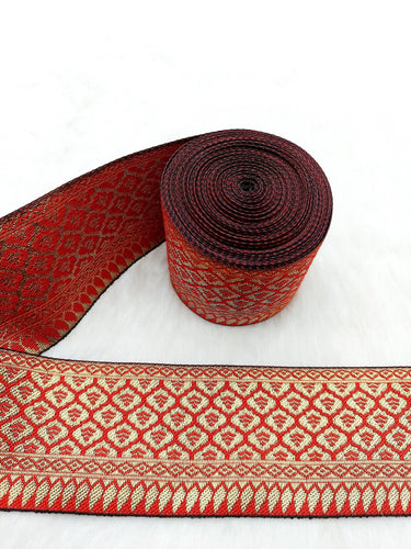 Jacquard Saree Border, Red And Gold Woven Thread Work Trim, Jacquard Trimming Decorative Trim